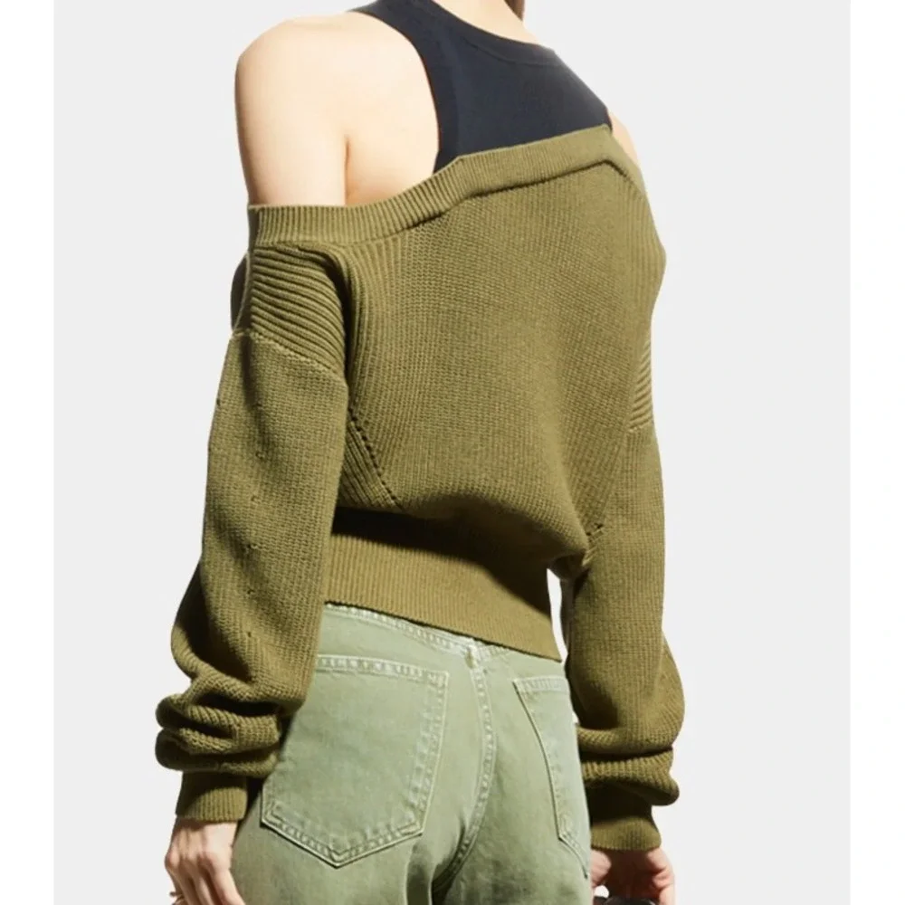 VERONICA BEARD Ribbed Cold‎ Shoulder Sweater Knit Top Olive Green M